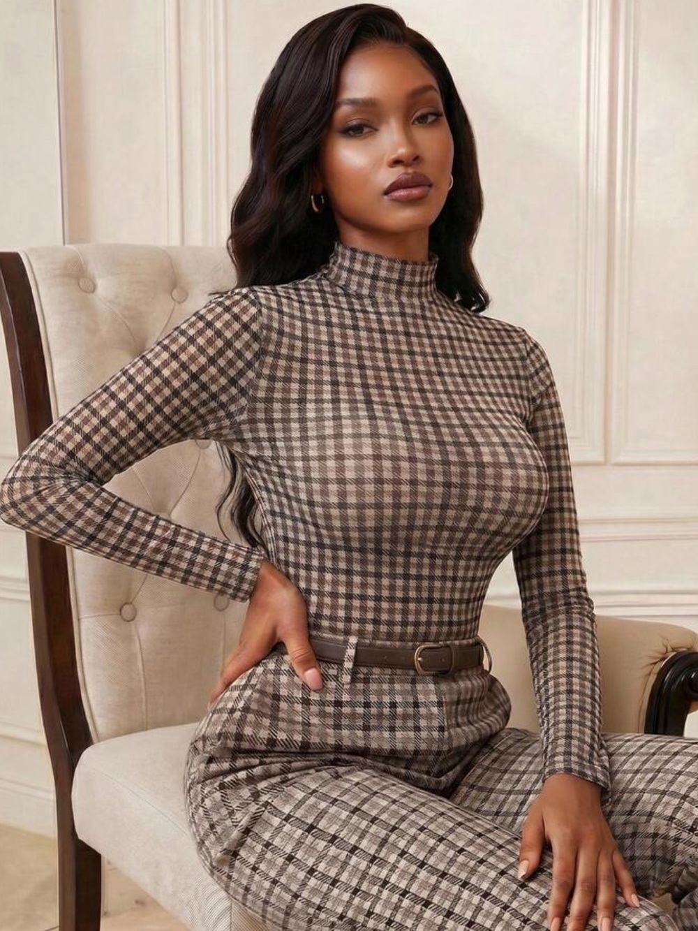 Retro Brown Plaid Slim Fit Stretchy Mesh Top
